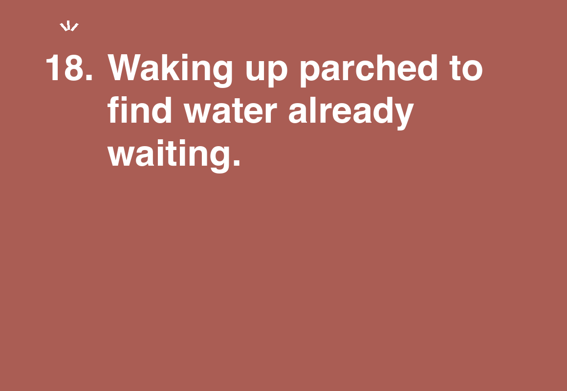 Waking up parched to find water already waiting. — card 18 of the 1000 little things list