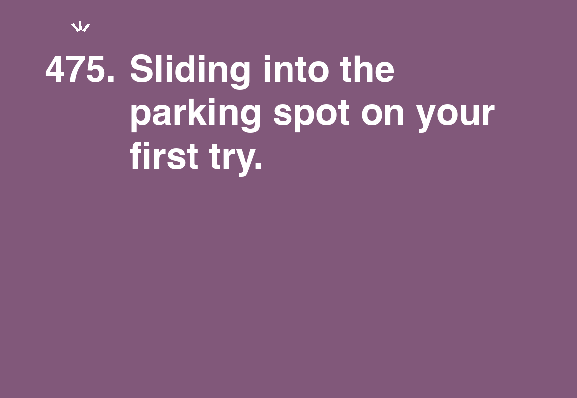Sliding into the parking spot on your first try. — card 475 of the 1000 little things list