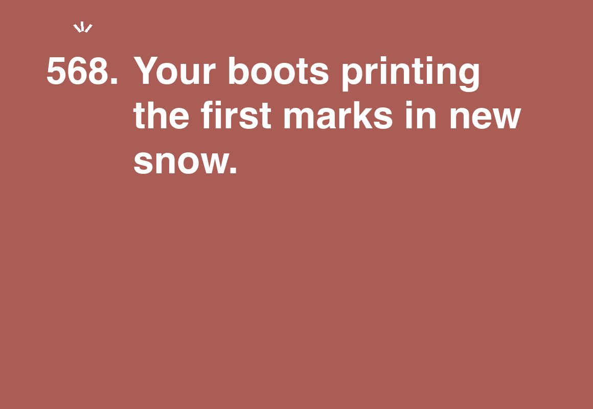 Your boots printing the first marks in new snow. — card 568 of the 1000 little things list