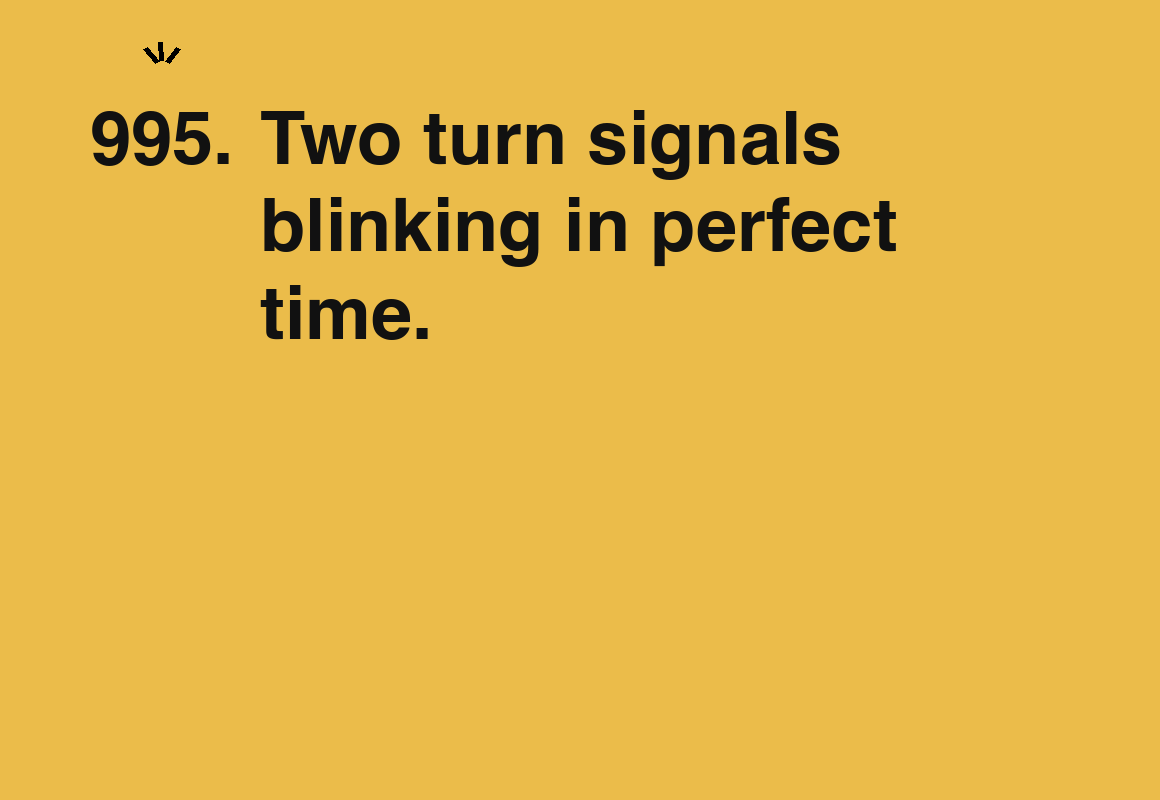 Two turn signals blinking in perfect time. — card 995 of the 1000 little things list